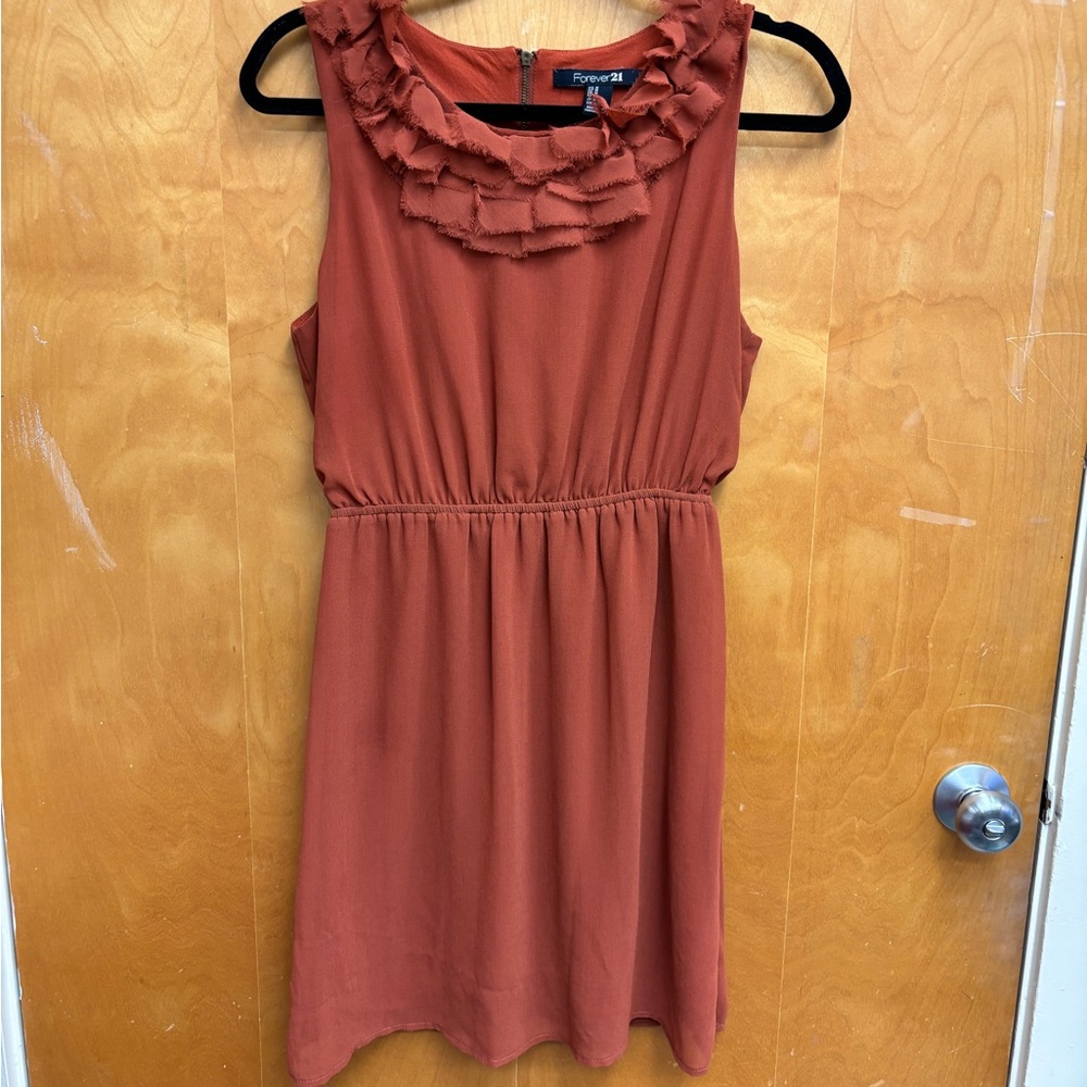 Forever 21 Rust-Red Ruffled Neck Sleeveless Mini Dress